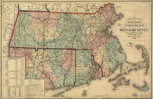 Railroad Map - Massachusetts Railroads - Williams 1879 - 35.38 x 23 - Vintage Wall Art