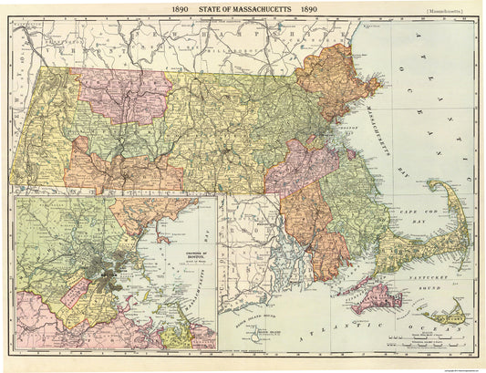 Historic State Map - Massachusetts - Rand McNally 1890 - 30 x 23 - Vintage Wall Art