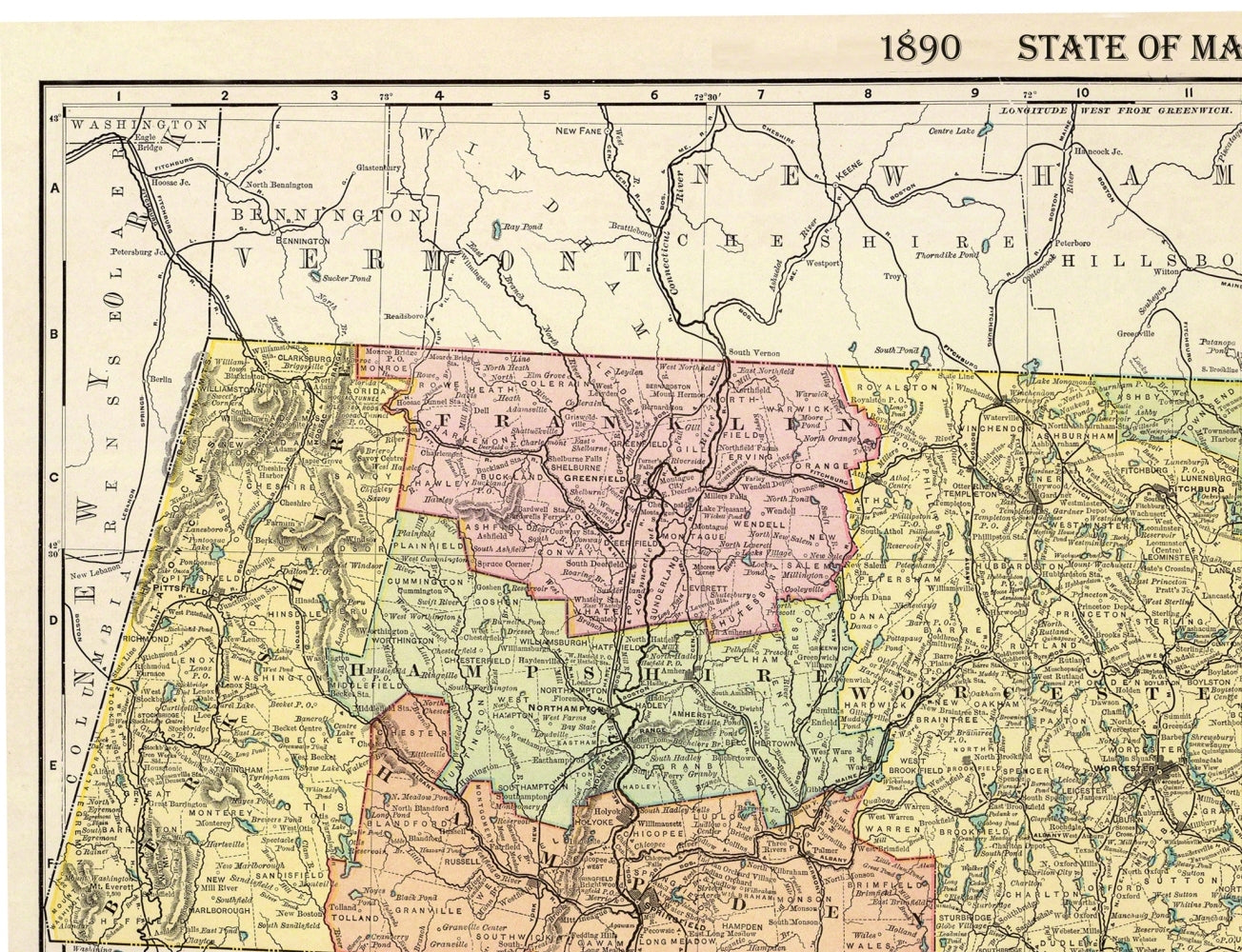 Historic State Map - Massachusetts - Rand McNally 1890 - 30 x 23 - Vintage Wall Art