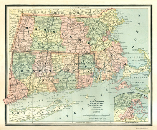 Historic State Map - Massachusetts Connecticut Rhode Island - Cram 1886 - 23 x 27 - Vintage Wall Art