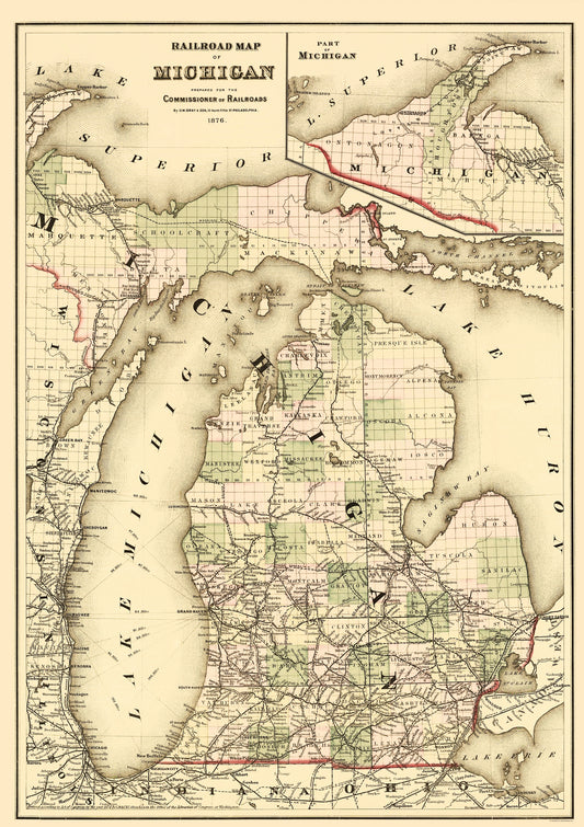 Railroad Map - Michigan Railroad Map - Gray 1876 - 23 x 32.58 - Vintage Wall Art
