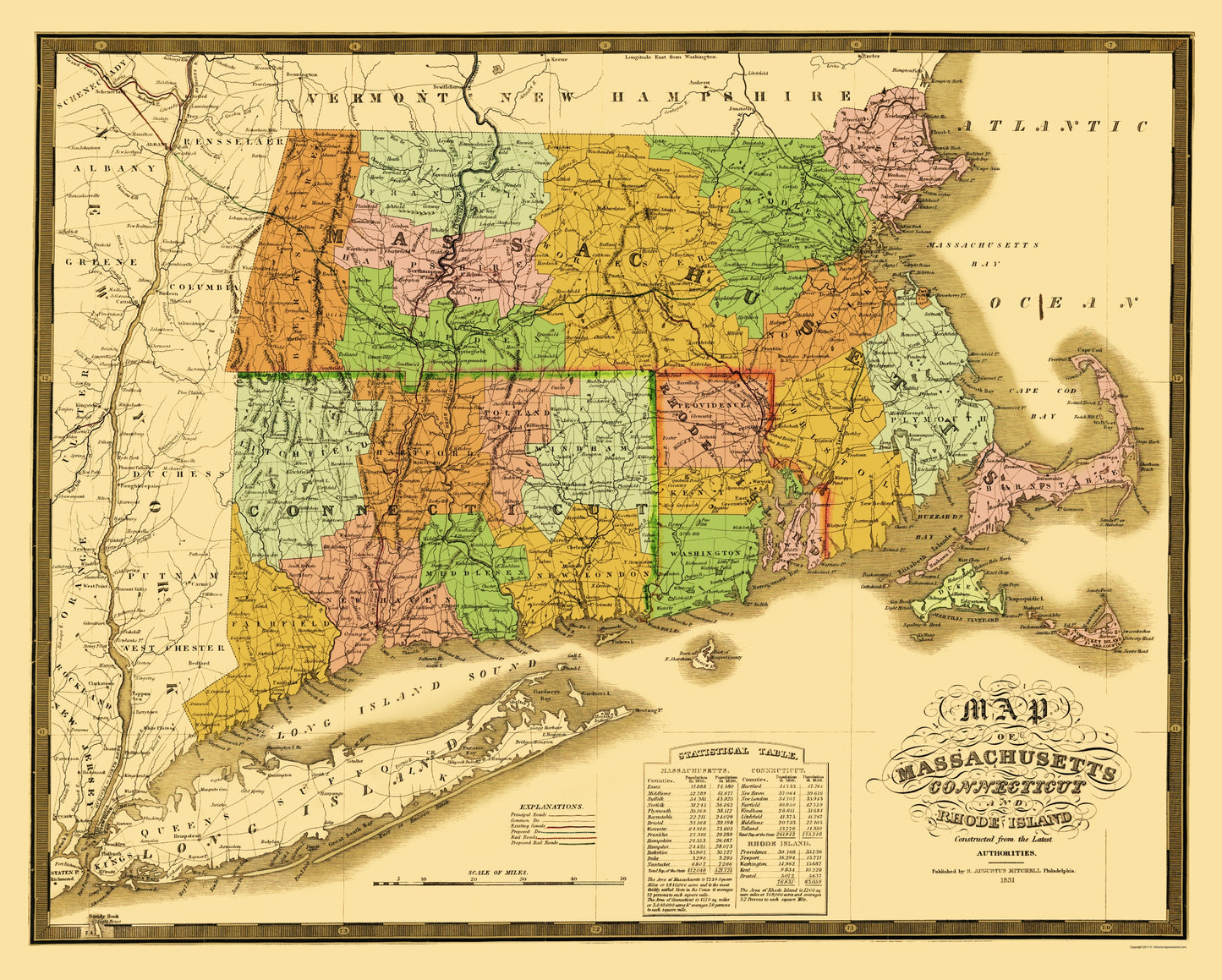 Historic State Map - Massachusetts Connecticut Rhode Island - Mitchell 1831 - 23 x 28 - Vintage Wall Art