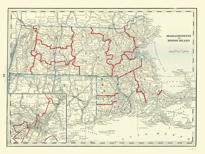 Historic State Map - Massachusetts Rhode Island - Rathbun 1893 - 23 x 30.46 - Vintage Wall Art