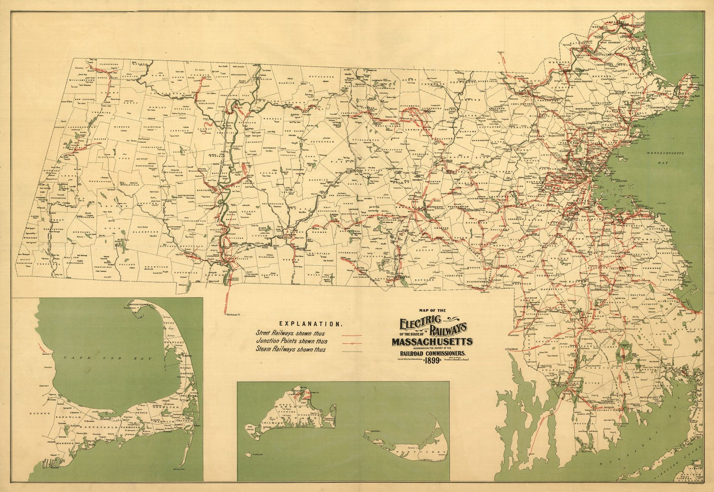 Railroad Map - Massachusetts Railroads - Walker 1899 - 33.39 x 23 - Vintage Wall Art