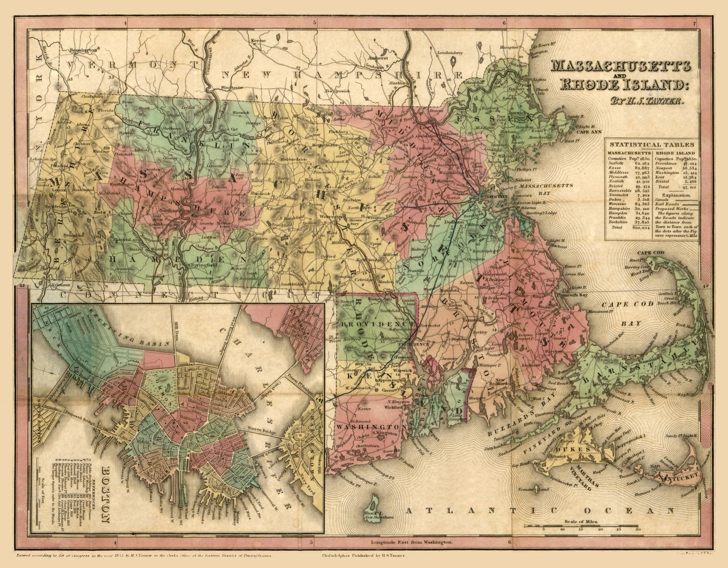 Historic State Map - Massachusetts Rhode Island - Tanner 1833 - 29.44 x 23 - Vintage Wall Art