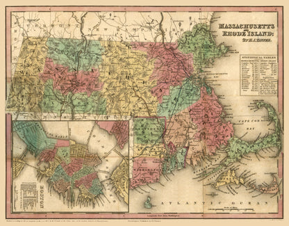 Historic State Map - Massachusetts Rhode Island - Tanner 1833 - 29.44 x 23 - Vintage Wall Art