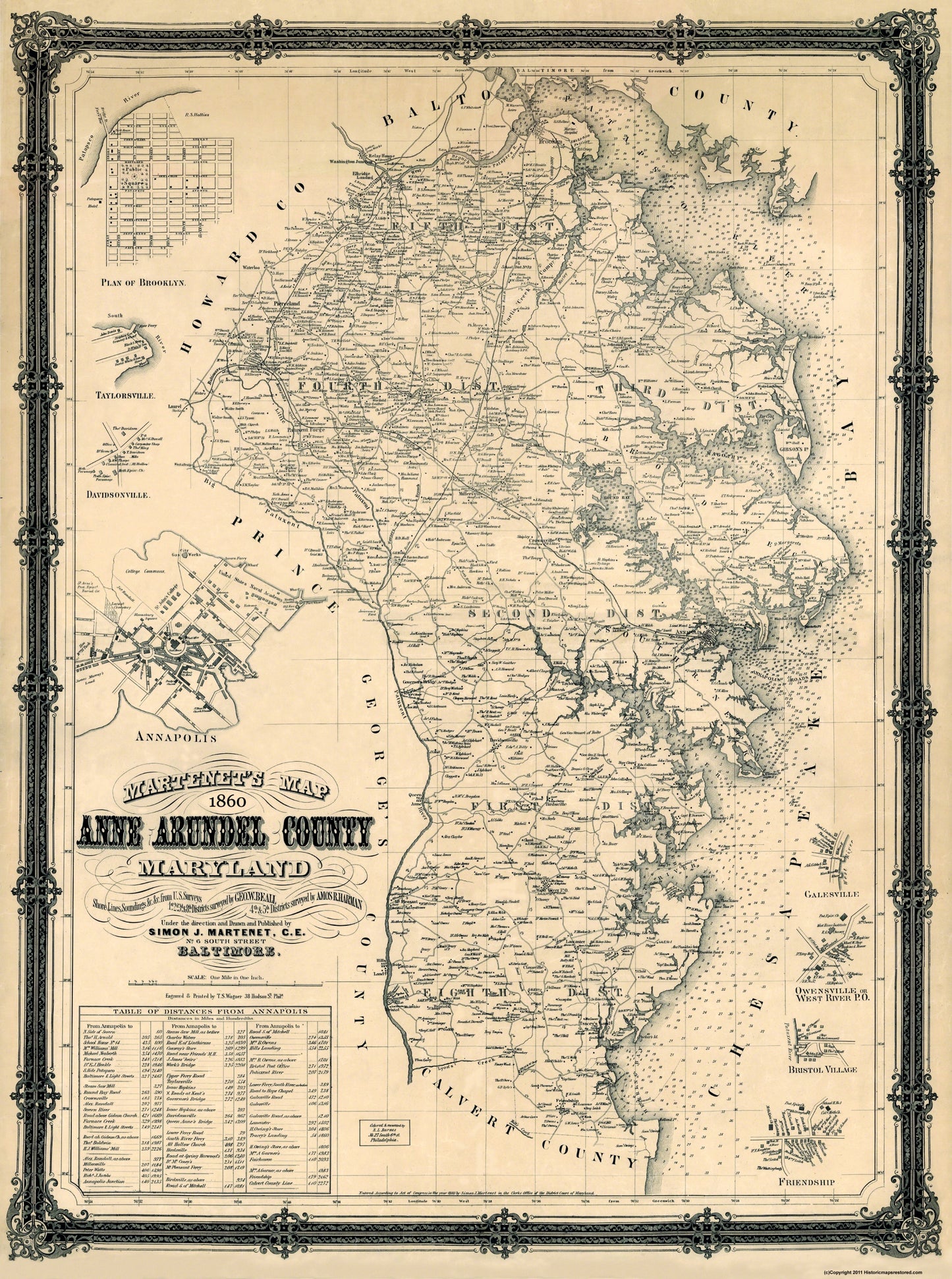 Historic County Map - Anne Arundel Counties Maryland - Wagner 1860 - 23 x 30.88 - Vintage Wall Art