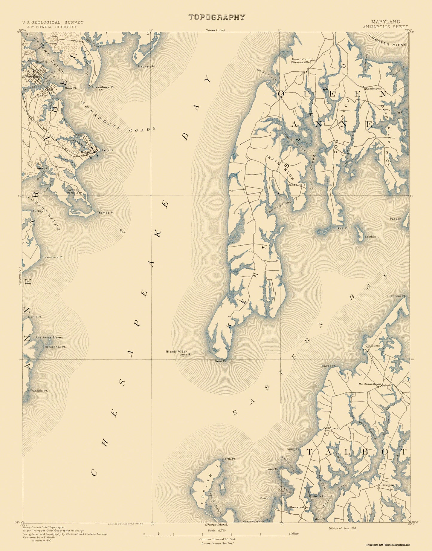 Topographical Map - Annapolis Maryland Quad - USGS 1892 - 23 x 29.35 - Vintage Wall Art