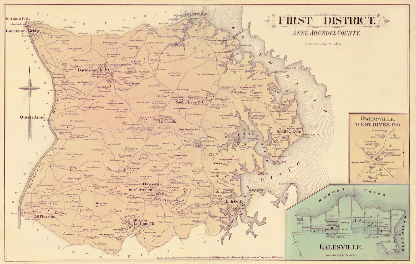 Historic County Map - Anne Arundel  First District Maryland - Hopkins 1878 - 36.25 x 23 - Vintage Wall Art