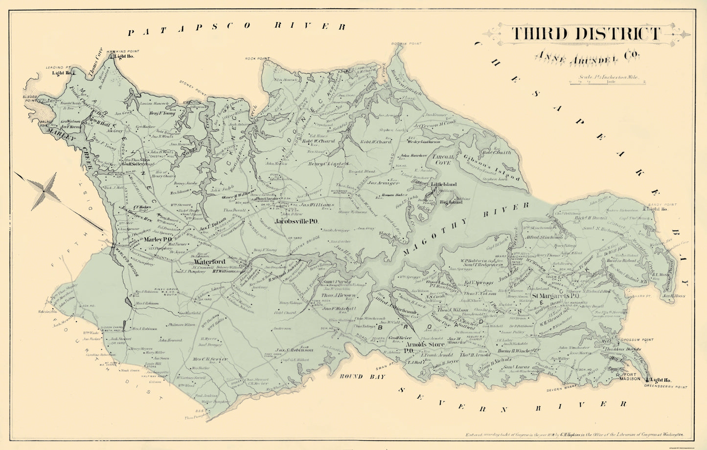 Historic County Map - Anne Arundel  Third District Maryland - Hopkins 1878 - 36.13 x 23 - Vintage Wall Art