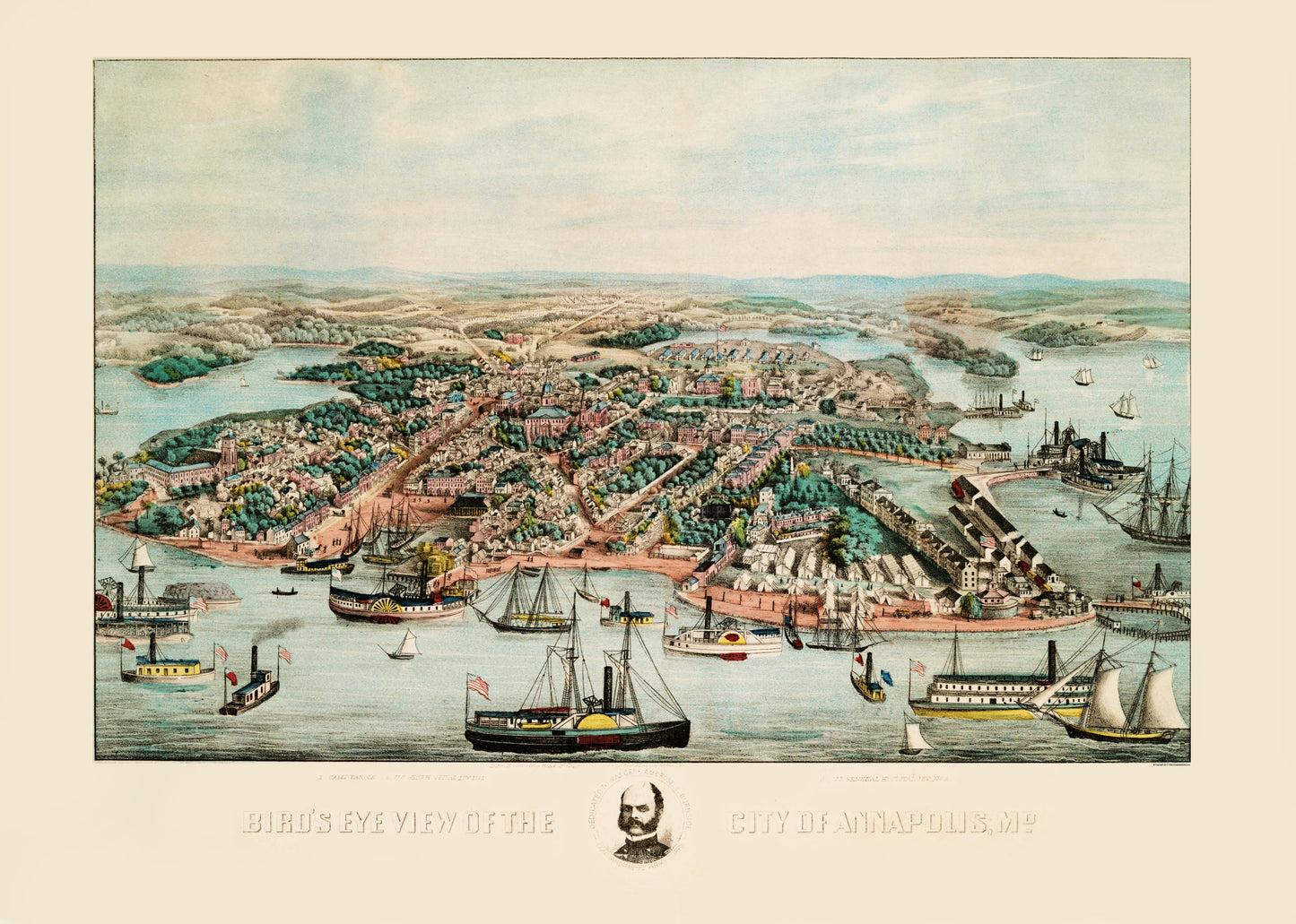 Historic Panoramic View - Annapolis Maryland - Magnus 1864 - 23 x 32.23 - Vintage Wall Art