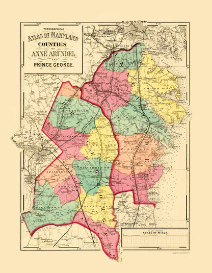 Historic County Map - Anne Arundel  Prince George Maryland - Walling 1873 - 23 x 29.56 - Vintage Wall Art