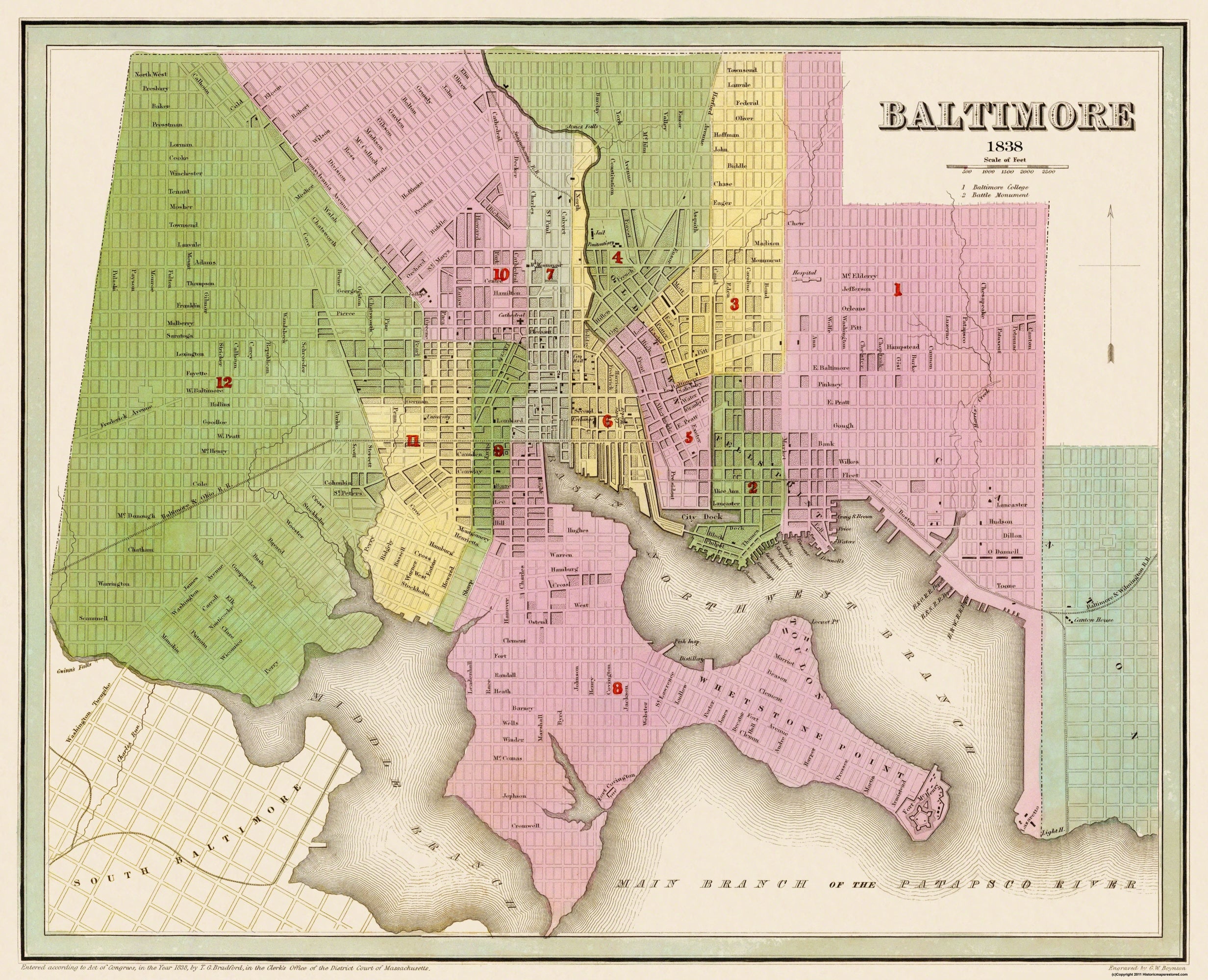 Historic City Map - Baltimore Maryland - Bradford 1838 - 28.31 x 23 ...
