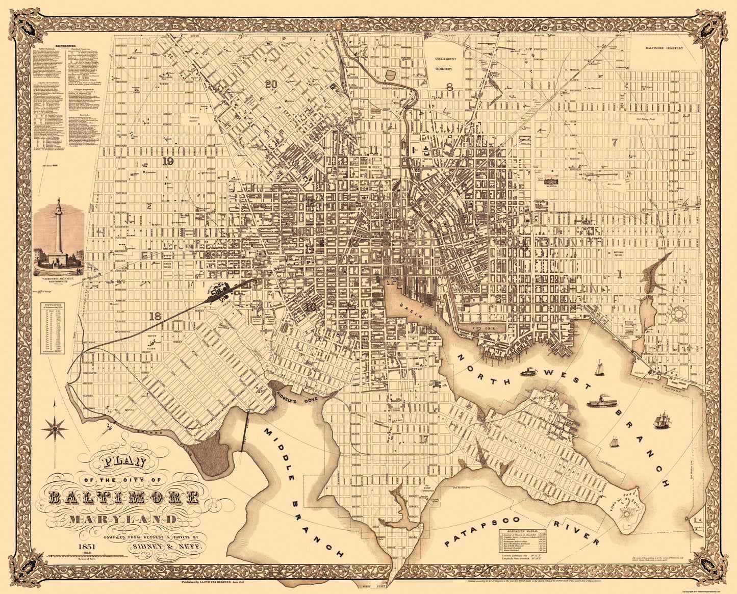 Historic City Map - Baltimore Maryland - Van Derveer 1851 - 28.5 x 23 - Vintage Wall Art