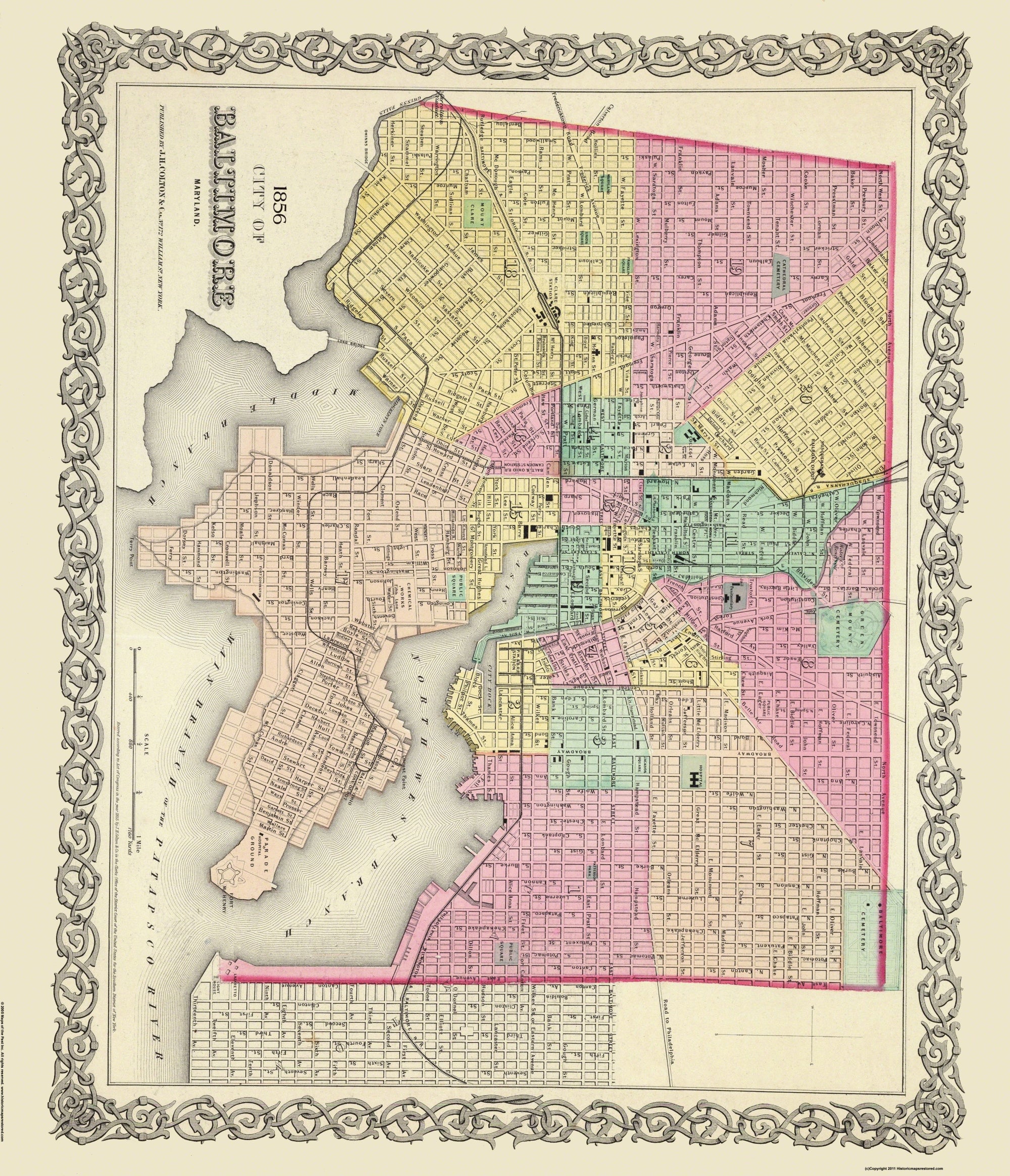 Historic City Map - Baltimore Maryland - Colton 1856 - 23 x 26.75 - Vi ...