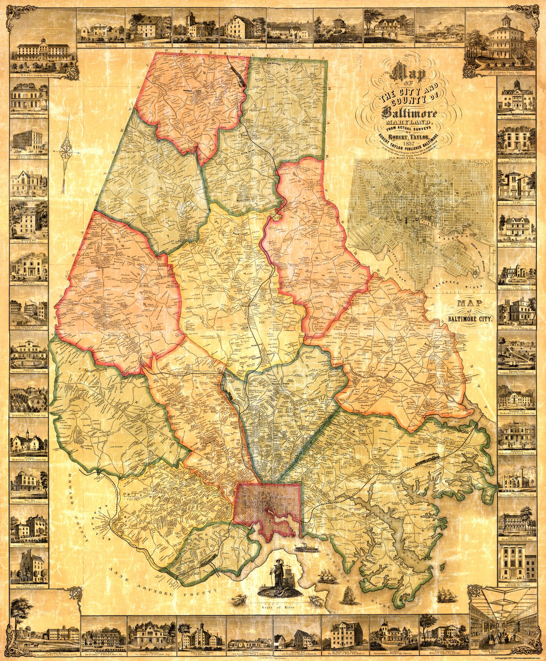 Historic County Map - Baltimore Maryland - Taylor 1857 - Vintage Wall ...
