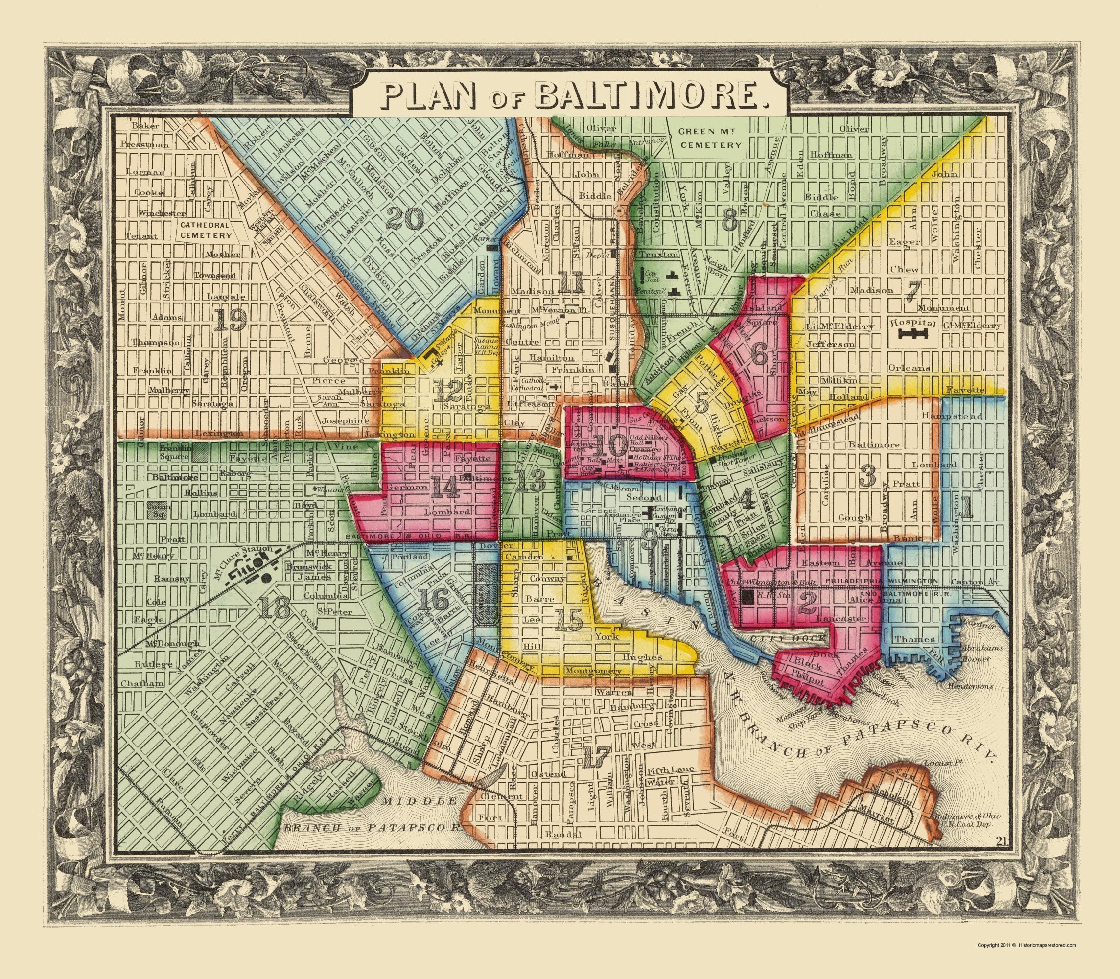 Maps Baltimore Historic City Map - Baltimore Maryland - Mitchell 1867 - Vintage Wall ...