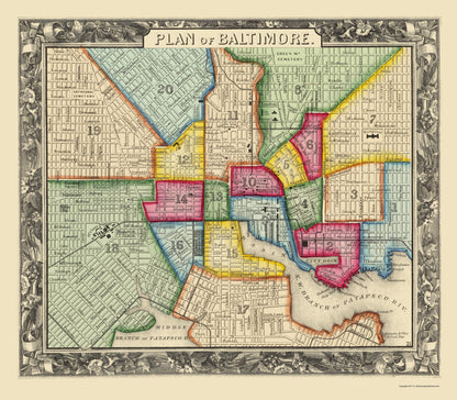 Historic City Map - Baltimore Maryland - Mitchell 1867 - 23 x 26.31 - Vintage Wall Art