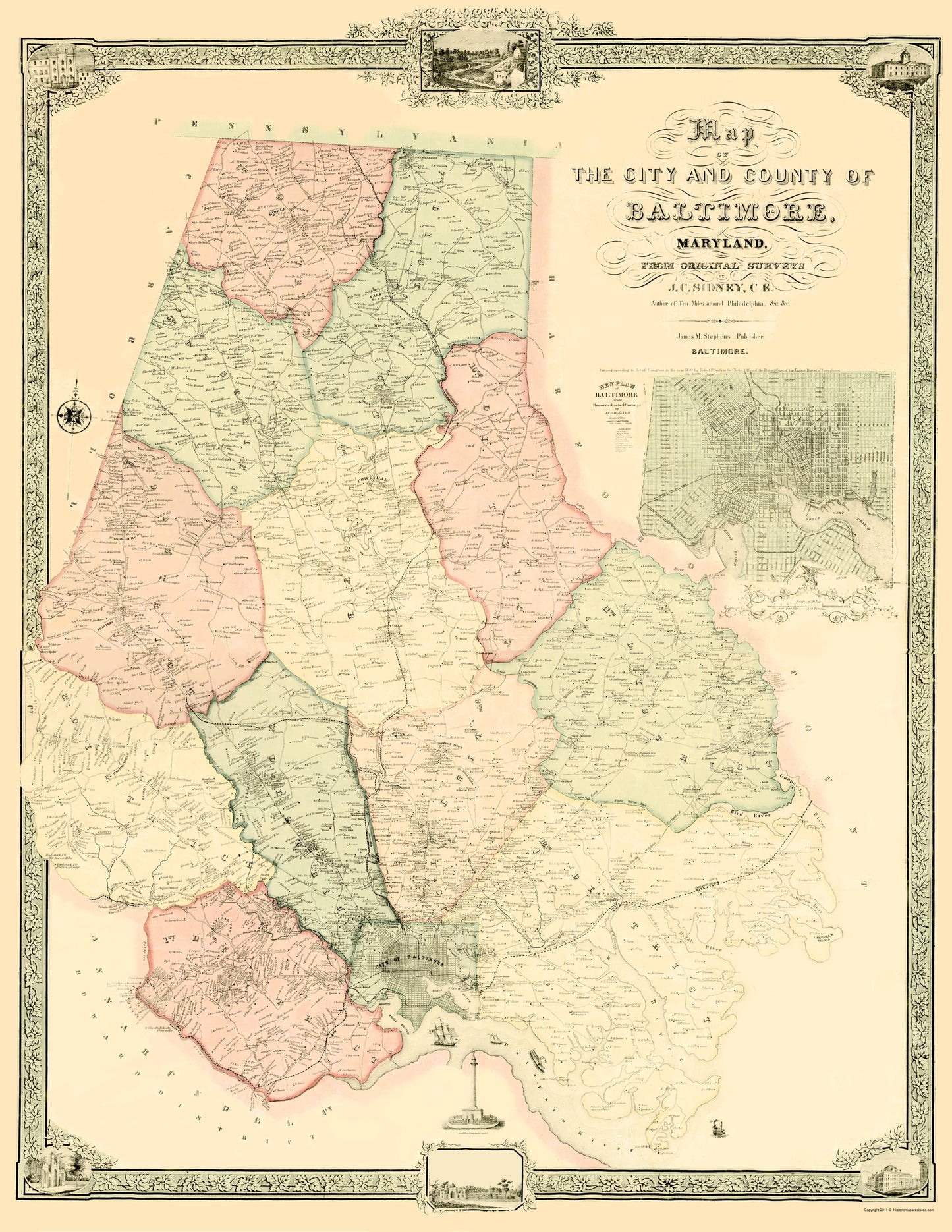 Historic County Map - Baltimore Maryland - Sidney 1850 - 23 x 29.77 - Vintage Wall Art