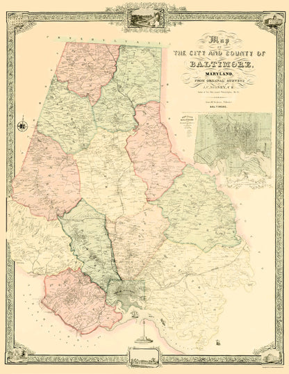 Historic County Map - Baltimore Maryland - Sidney 1850 - 23 x 29.77 - Vintage Wall Art