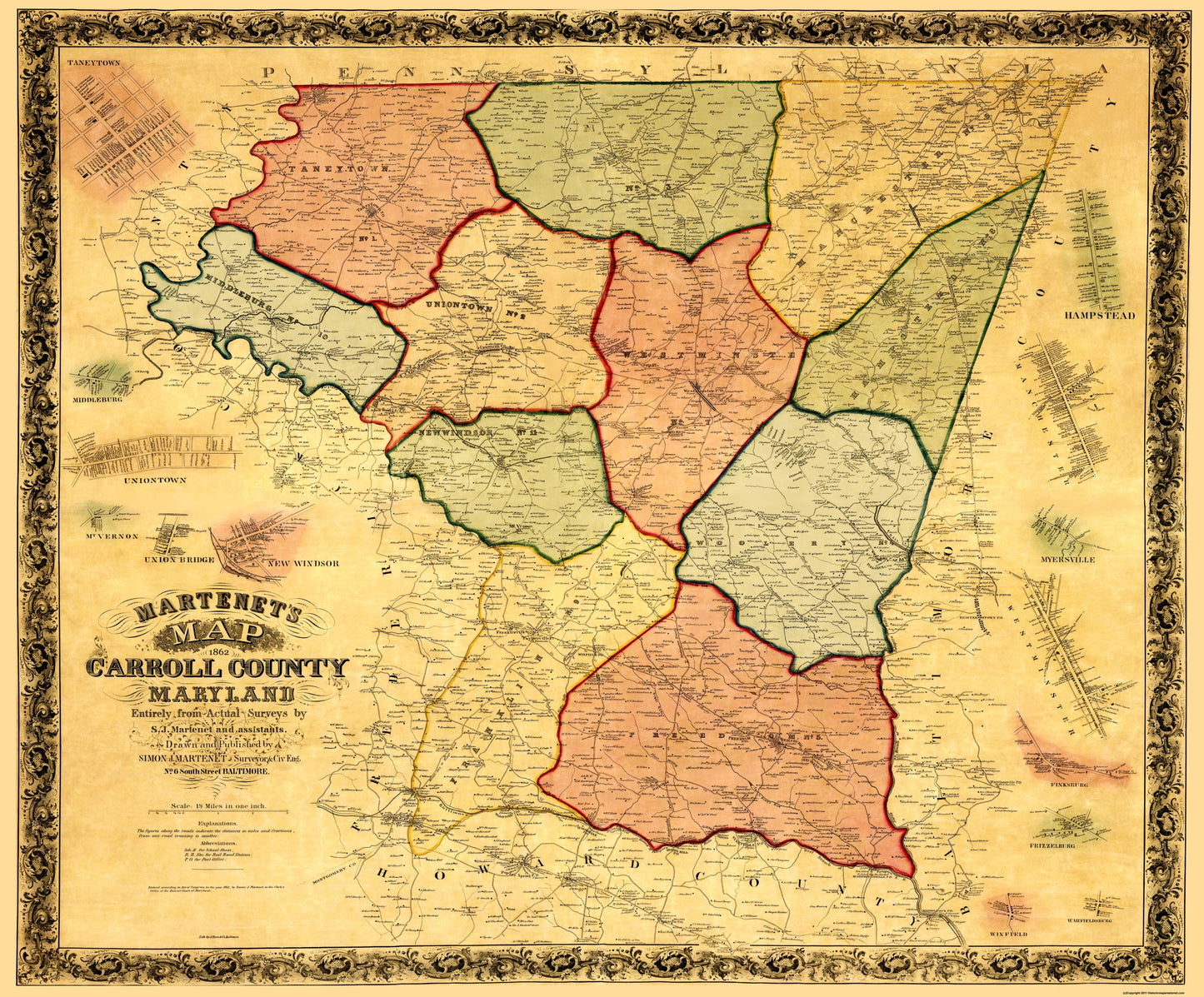 Historic County Map - Carroll County Maryland - Martenet 1862 - 27.75 x 23 - Vintage Wall Art