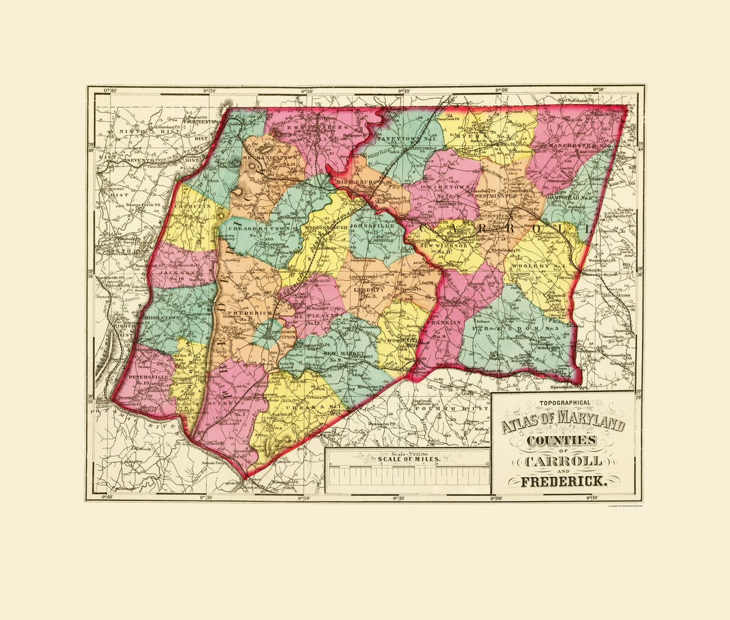 Historic County Map - Carroll Fredrick Counties Maryland - Stedman 1873 - 23 x 27.10 - Vintage Wall Art