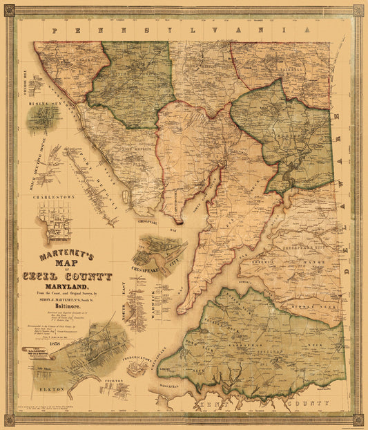 Historic County Map - Cecil County Maryland - Martenet 1858 - 23 x 26.81 - Vintage Wall Art