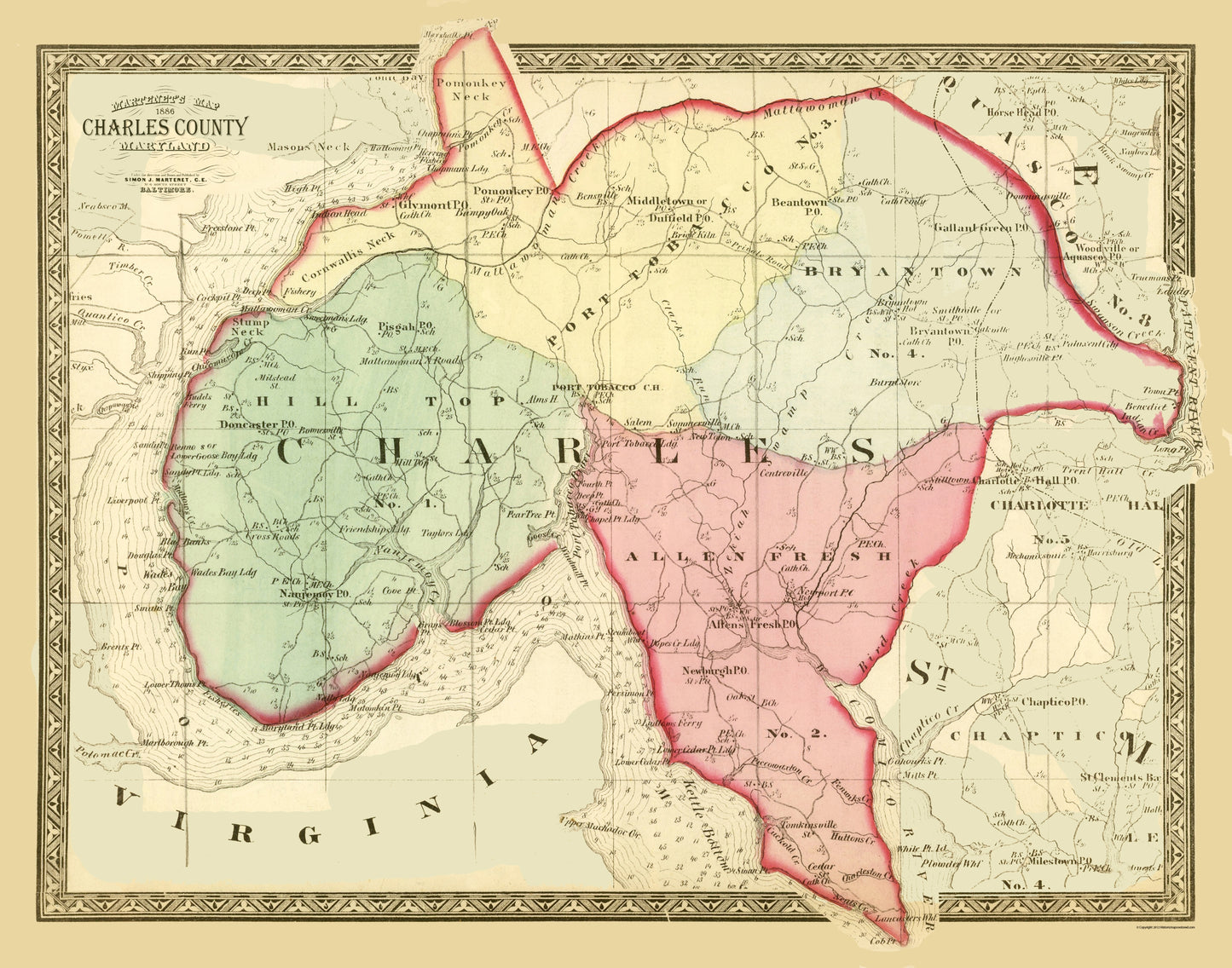 Historic County Map - Charles County Maryland - Martenet 1886 - 23 x 29.27 - Vintage Wall Art