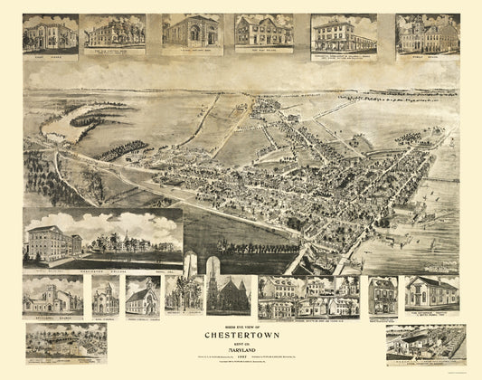 Historic Panoramic View - Chestertown Maryland - Fowler 1907 - 23 x 29.17 - Vintage Wall Art