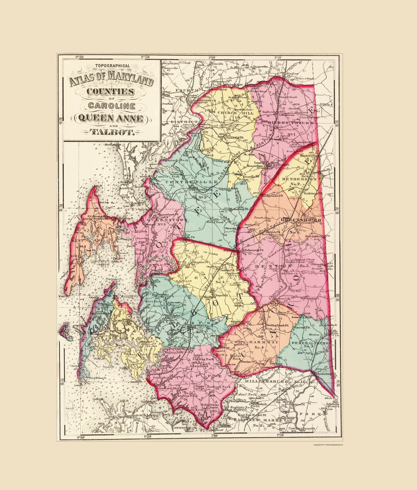 Historic County Map - Caroline Queen Anne Talbot Counties Maryland - Martenet 1873 - 23 x 27.01 - Vintage Wall Art