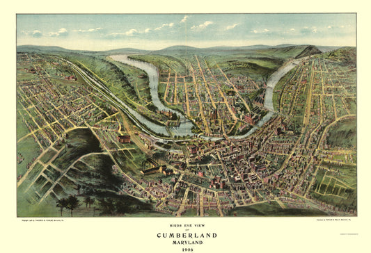 Historic Panoramic View - Cumberland Maryland - Fowler 1906 - 23 x 33.68 - Vintage Wall Art