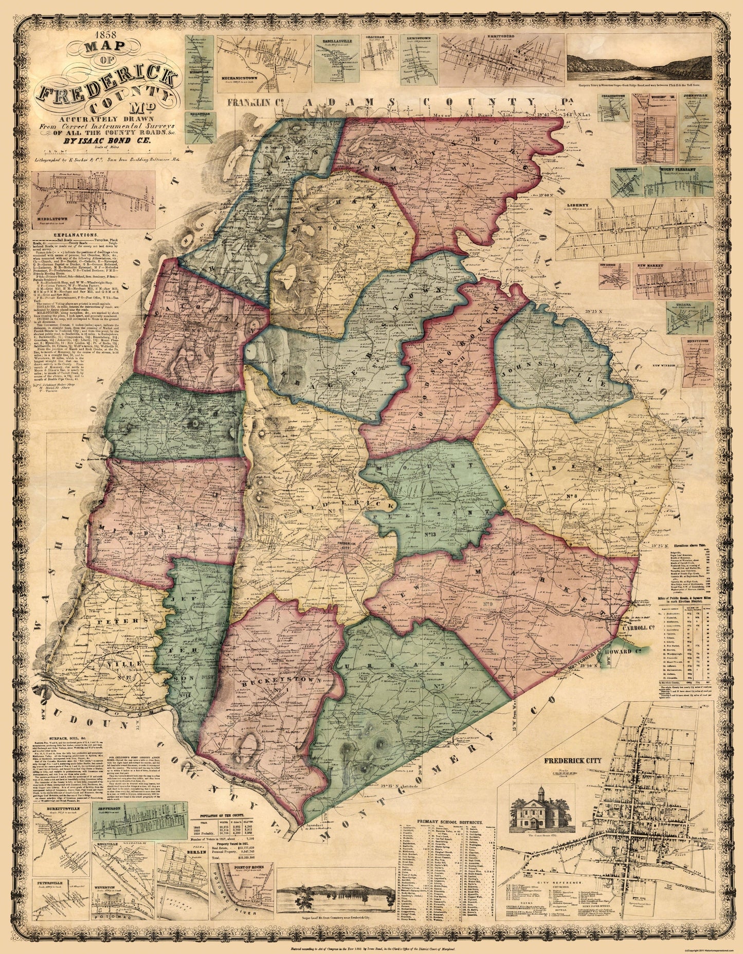 Historic County Map - Frederick County Maryland - Martenet 1858 - 23 x 29.5 - Vintage Wall Art