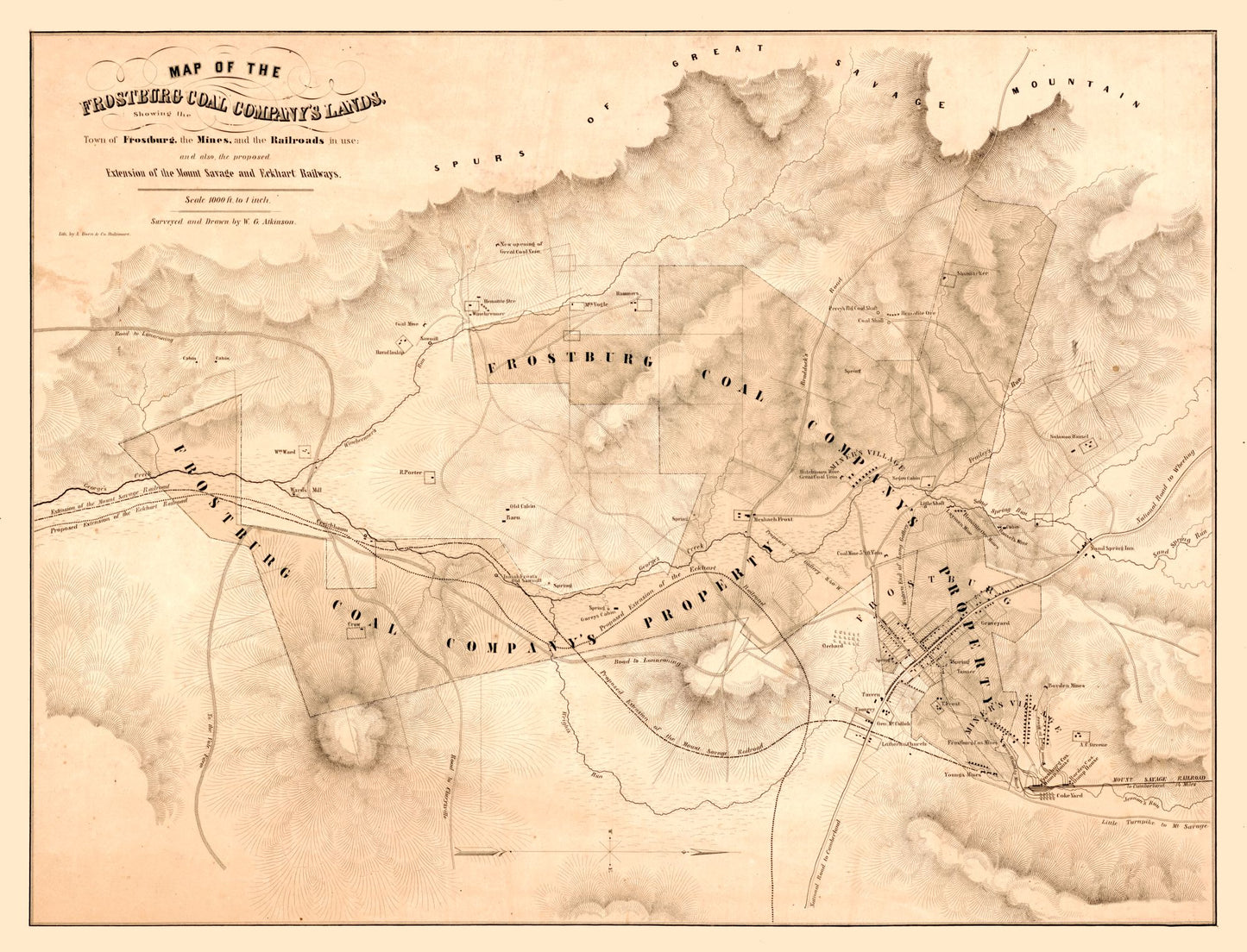 Railroad Map - Frostburg Maryland - Atkinson 1860  - 30.11 x 23 - Vintage Wall Art