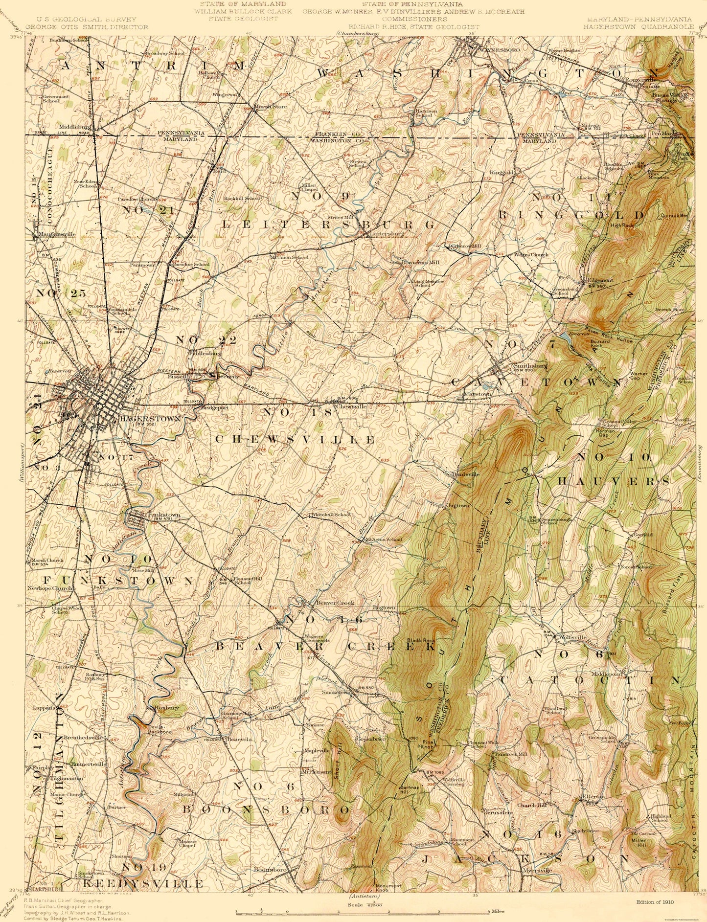 Topographical Map - Hagerstown Maryland Quad - USGS 1910 - 23 x 30 - Vintage Wall Art