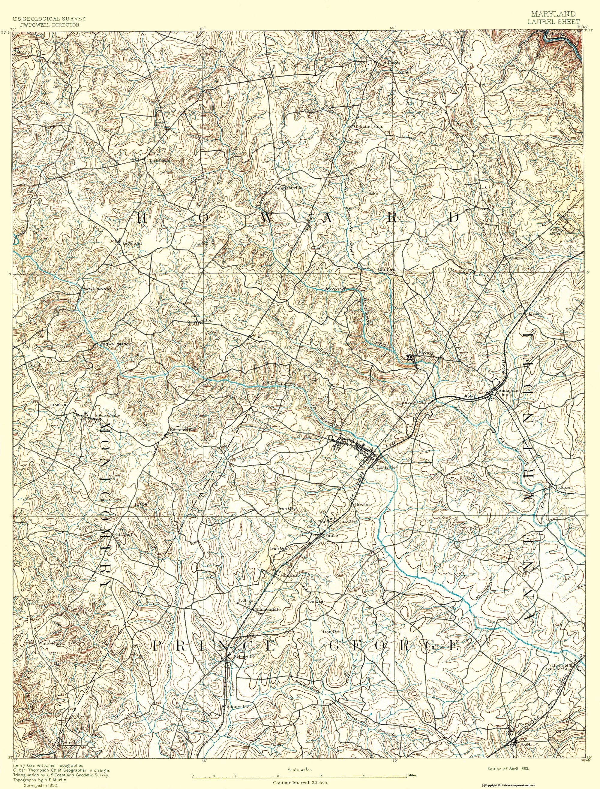 Topographical Map - Laurel Maryland Sheet - USGS 1892 - 23 x 30.23 - V ...