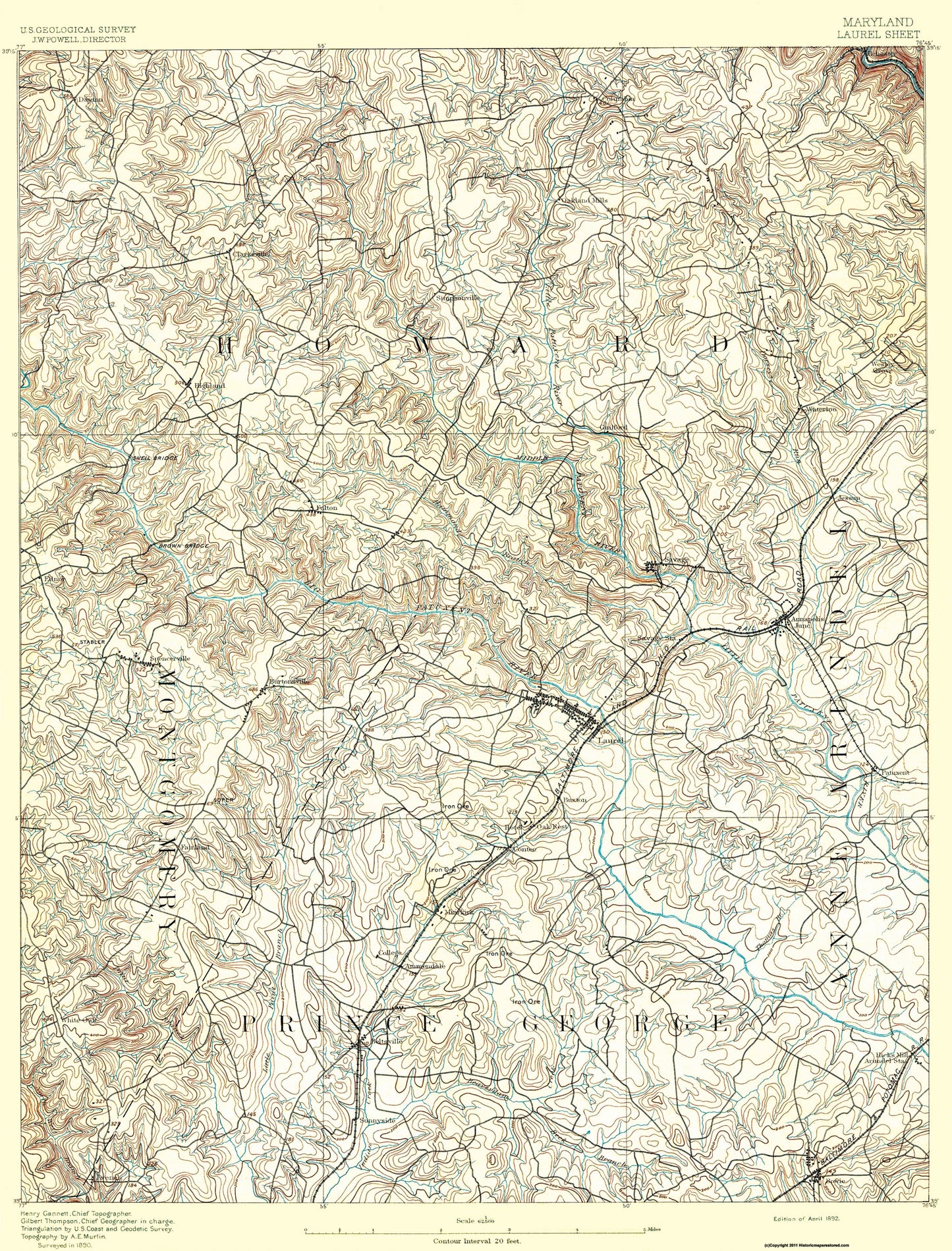 Topographical Map - Laurel Maryland Sheet - USGS 1892 - 23 x 30.23 - Vintage Wall Art