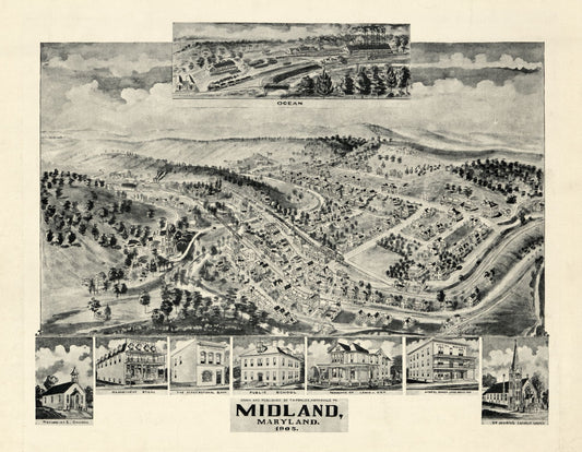 Historic Panoramic View - Midland Maryland - Fowler 1905 - 29.59 x 23 - Vintage Wall Art