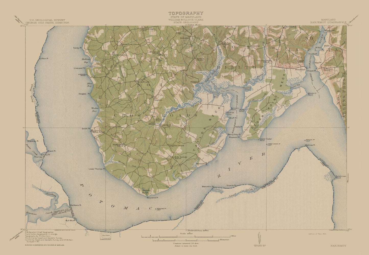 Topographical Map - Nanjemoy Maryland Quad - USGS 1913 - 33.26 x 23 - Vintage Wall Art