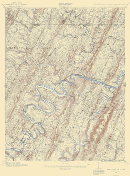 Topographical Map - Paw Paw Maryland West Virginia Pennsylvania Quad - USGS 1898 - 23 x 31.00 - Vintage Wall Art