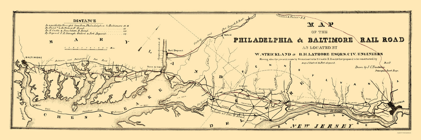 Railroad Map - Philadelphia and Baltimore Railroad - Trautwine 1853 - 23 x 68 - Vintage Wall Art