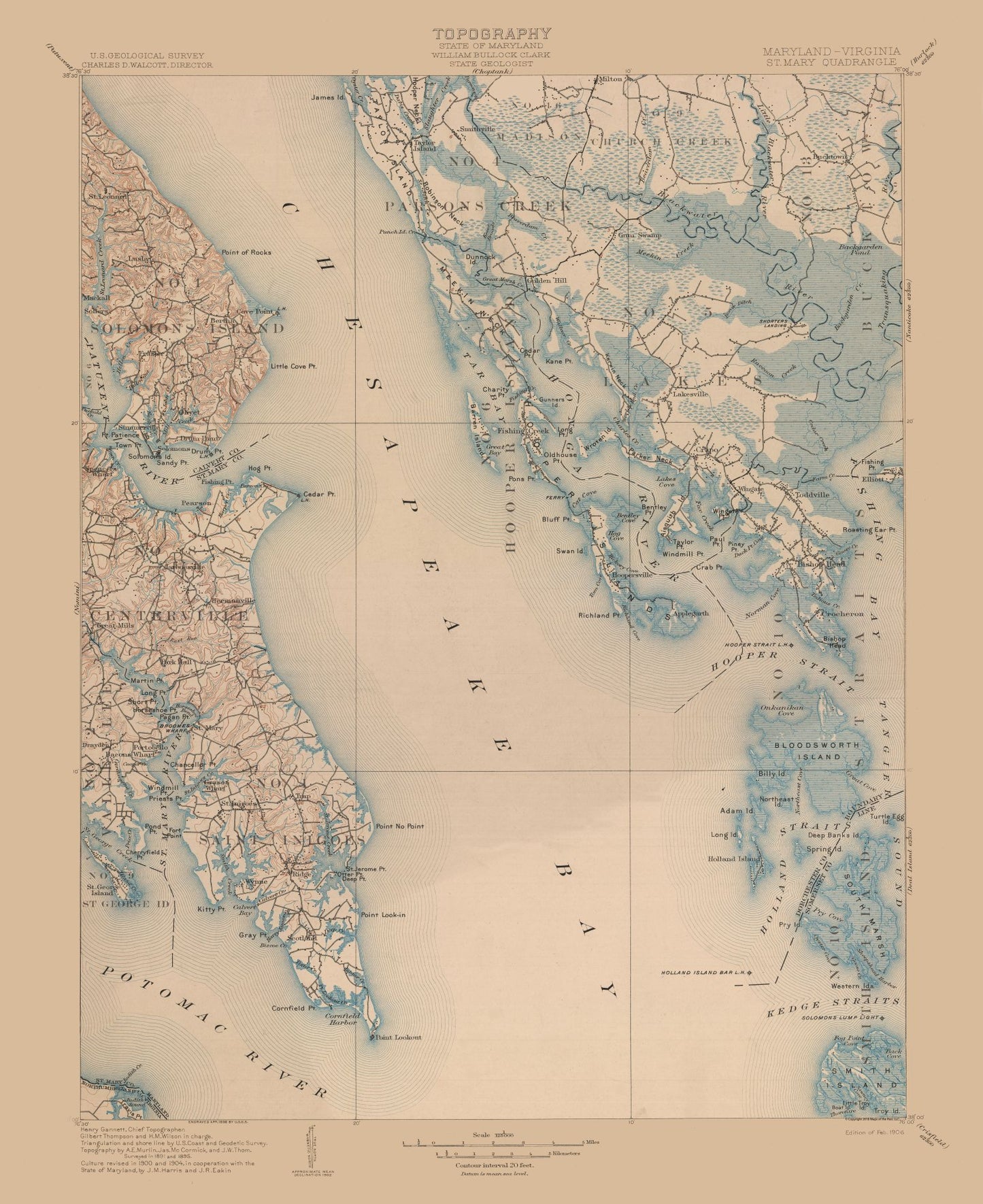 Topographical Map - St Mary Maryland Quad - USGS 1906 - 23 x 28.17 - Vintage Wall Art