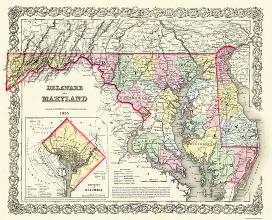 Historic State Map - Maryland - 1855 - 28.38 x 23 - Vintage Wall Art