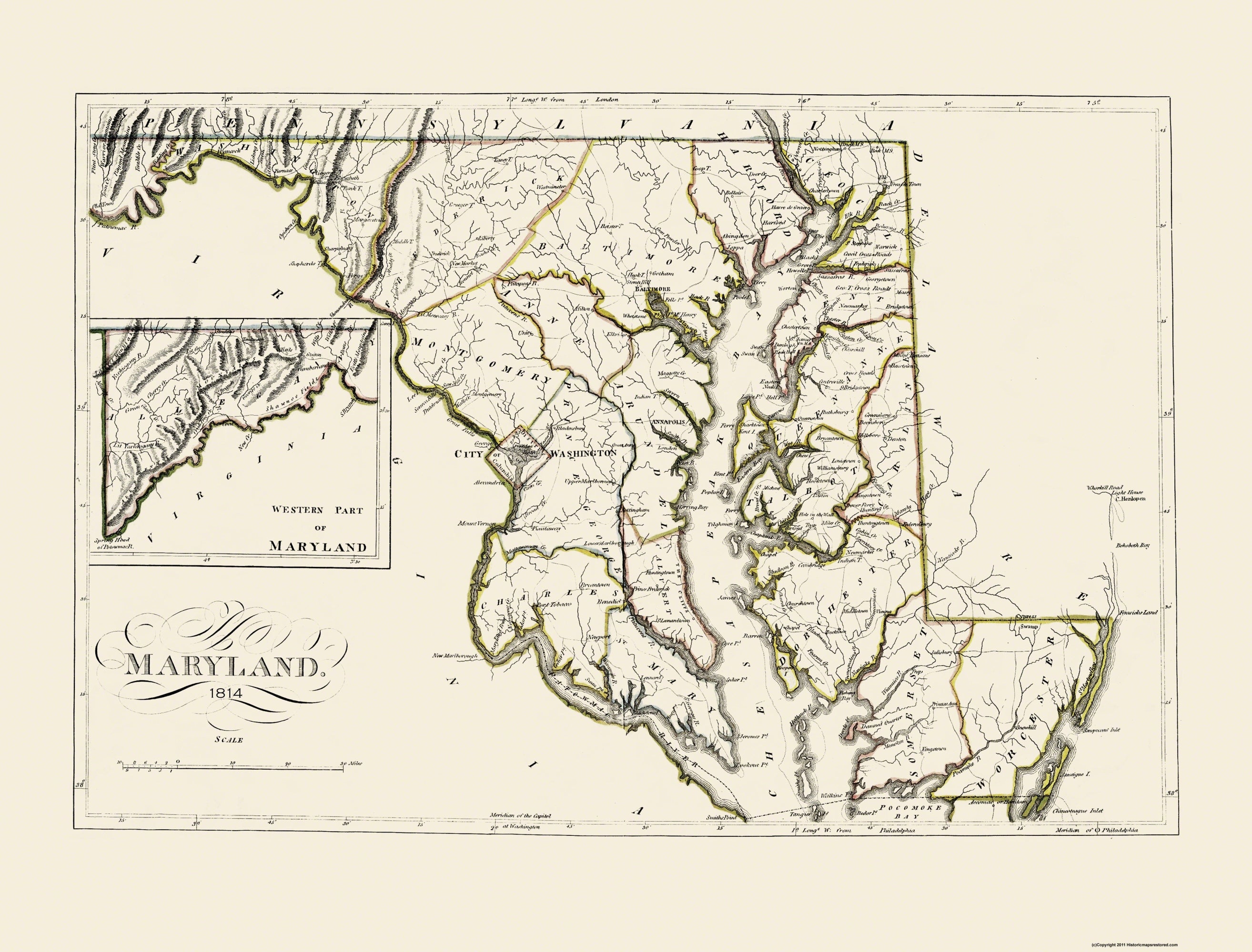 Historic State Map - Maryland - Carey 1814 - 30.25 x 23 - Vintage Wall ...