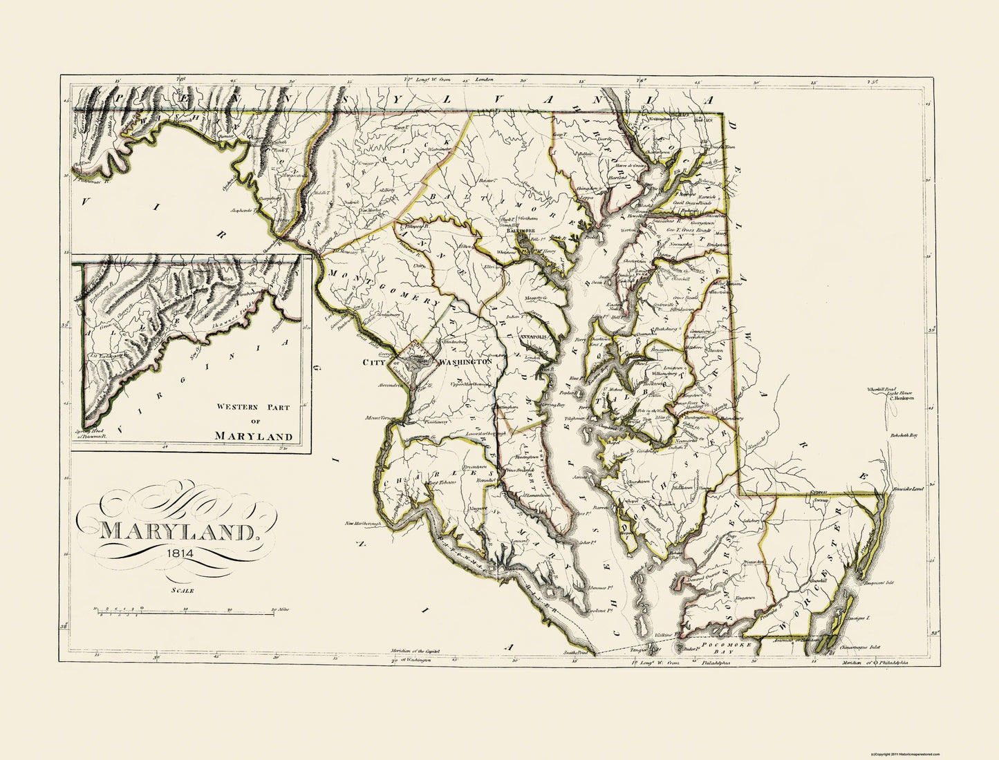 Historic State Map - Maryland - Carey 1814 - 30.25 x 23 - Vintage Wall Art