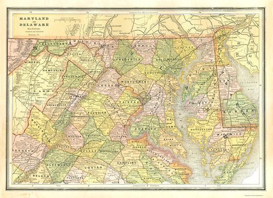 Historic State Map - Maryland Delaware - Cram 1886 - 23 x 31.63 - Vintage Wall Art