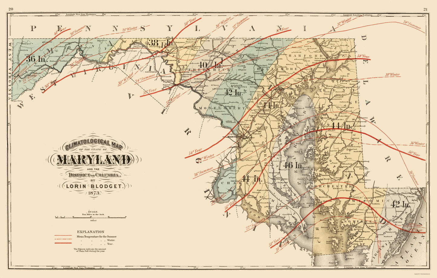 Historic State Map - Maryland - Blodget 1873 - 23 x 36.16 - Vintage Wall Art