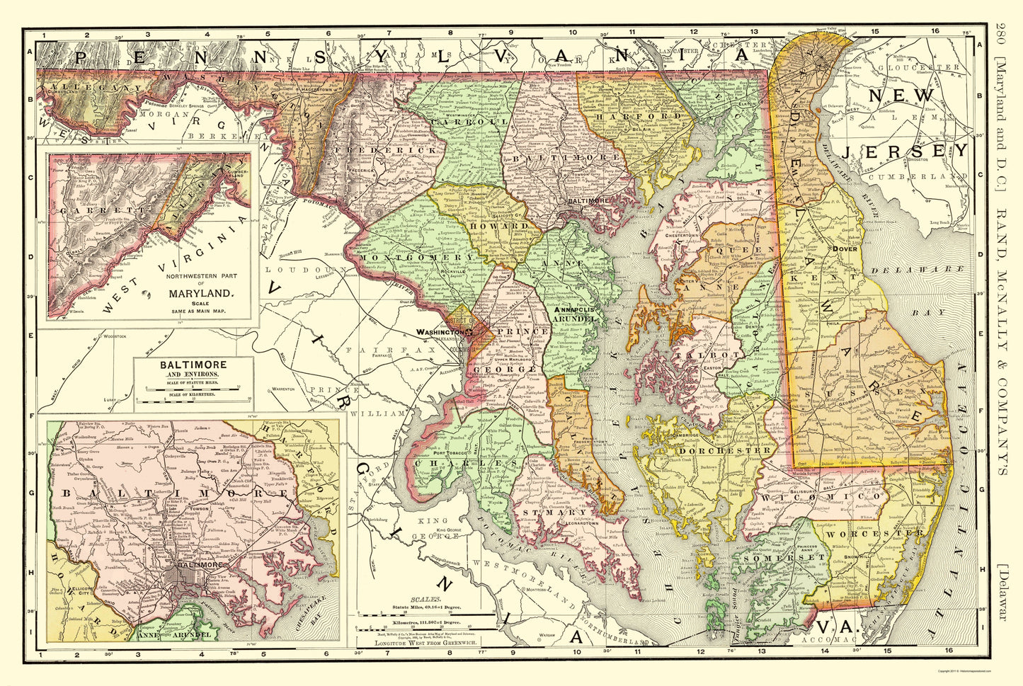 Historic State Map - Maryland Delaware - Rand McNally 1893 - 23 x 34.30 - Vintage Wall Art