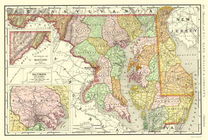 Historic State Map - Maryland Delaware - Rand McNally 1893 - 23 x 34.30 - Vintage Wall Art