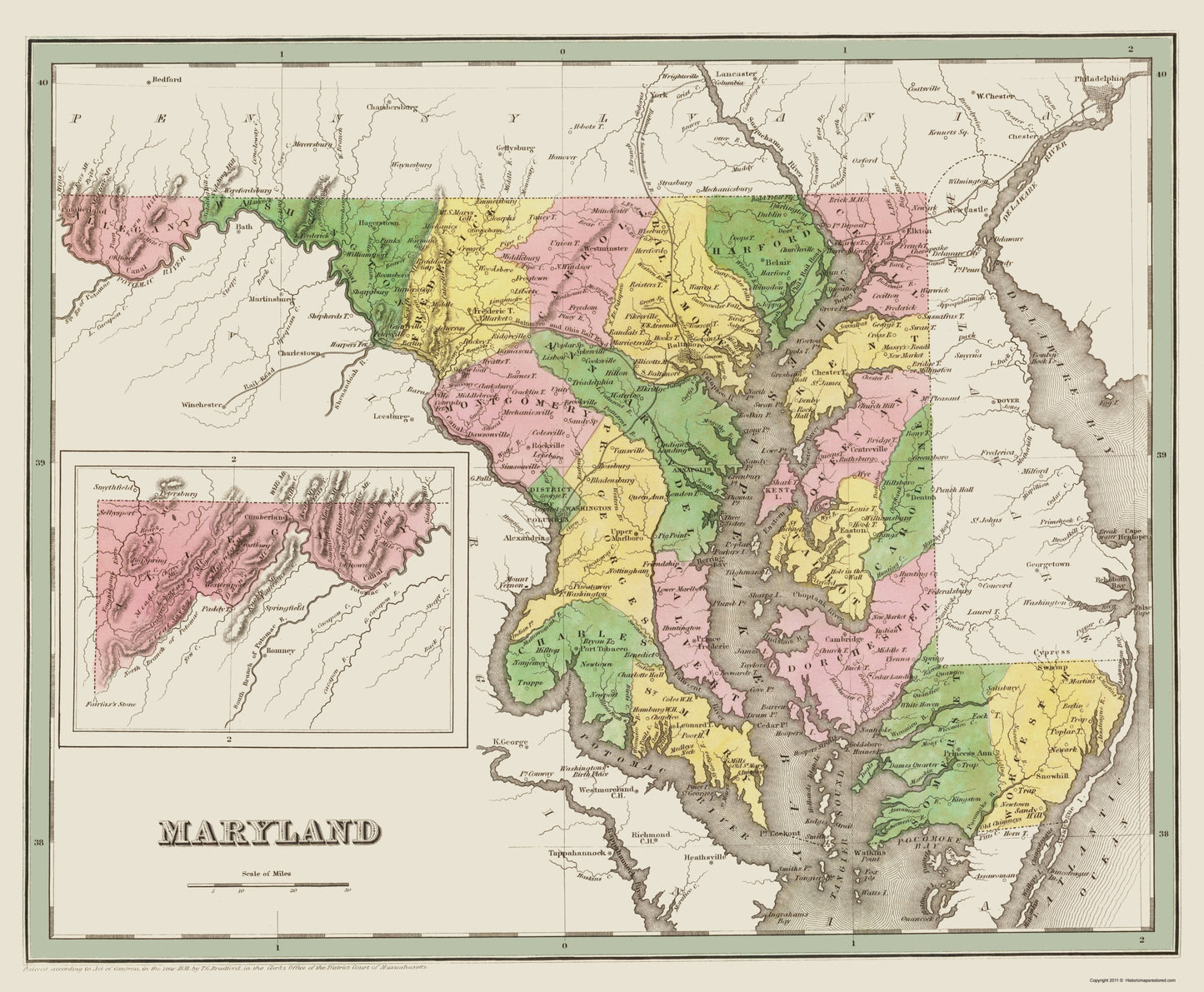 Historic State Map - Maryland - Bradford 1836 - 23 x 27.91 - Vintage Wall Art