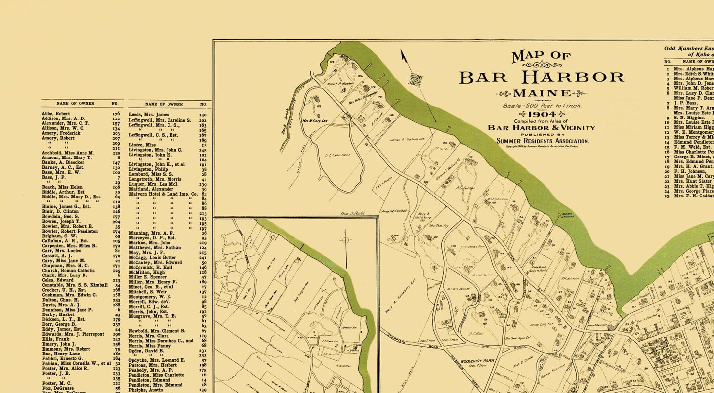 Historic City Map - Bar Harbor Maine - Summer Residents Assoc 1904 - 41.75 x 23 - Vintage Wall Art